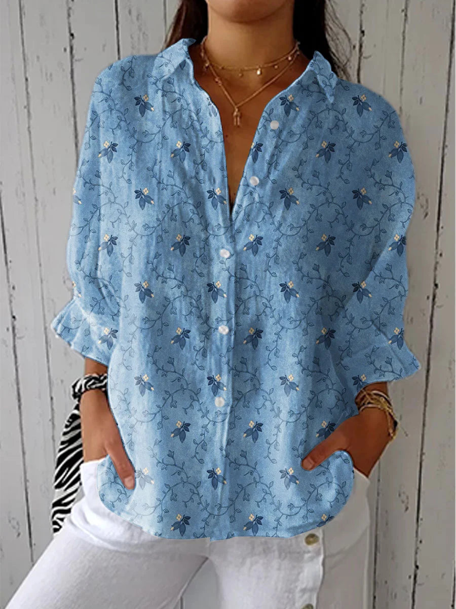 Women's Vintage Flower Art Print Casual Linen V-neck Shirt
