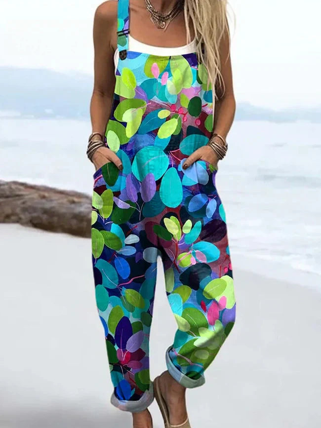 Women's Lovely Floral Art Print Casual Cotton Linen Wide Leg Jumpsuit