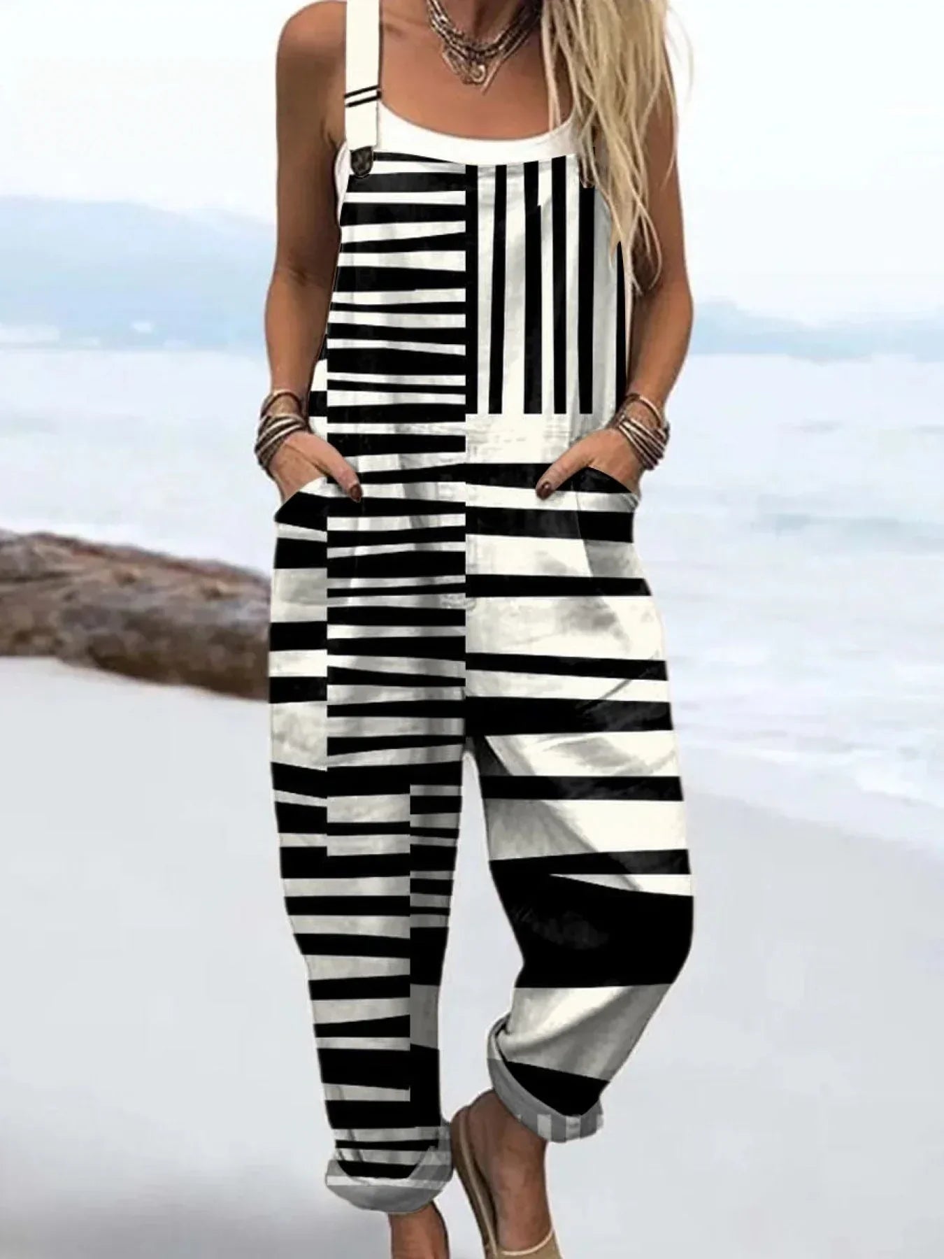 Women's Abstract Geometric Pattern Art Print Casual Cotton Linen Wide Leg Jumpsuit