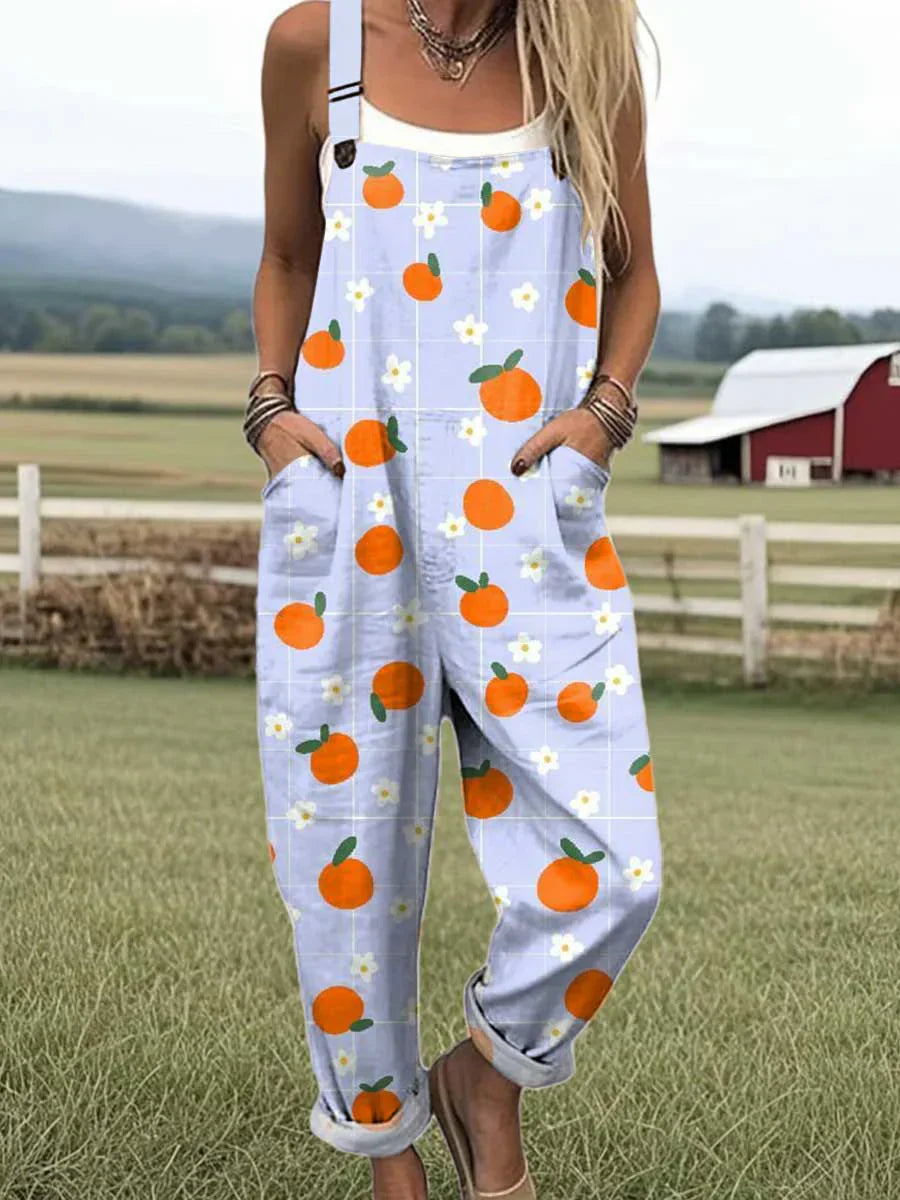 Women's Lovely Orange Pattern Art Print Casual Cotton Linen Wide Leg Jumpsuit