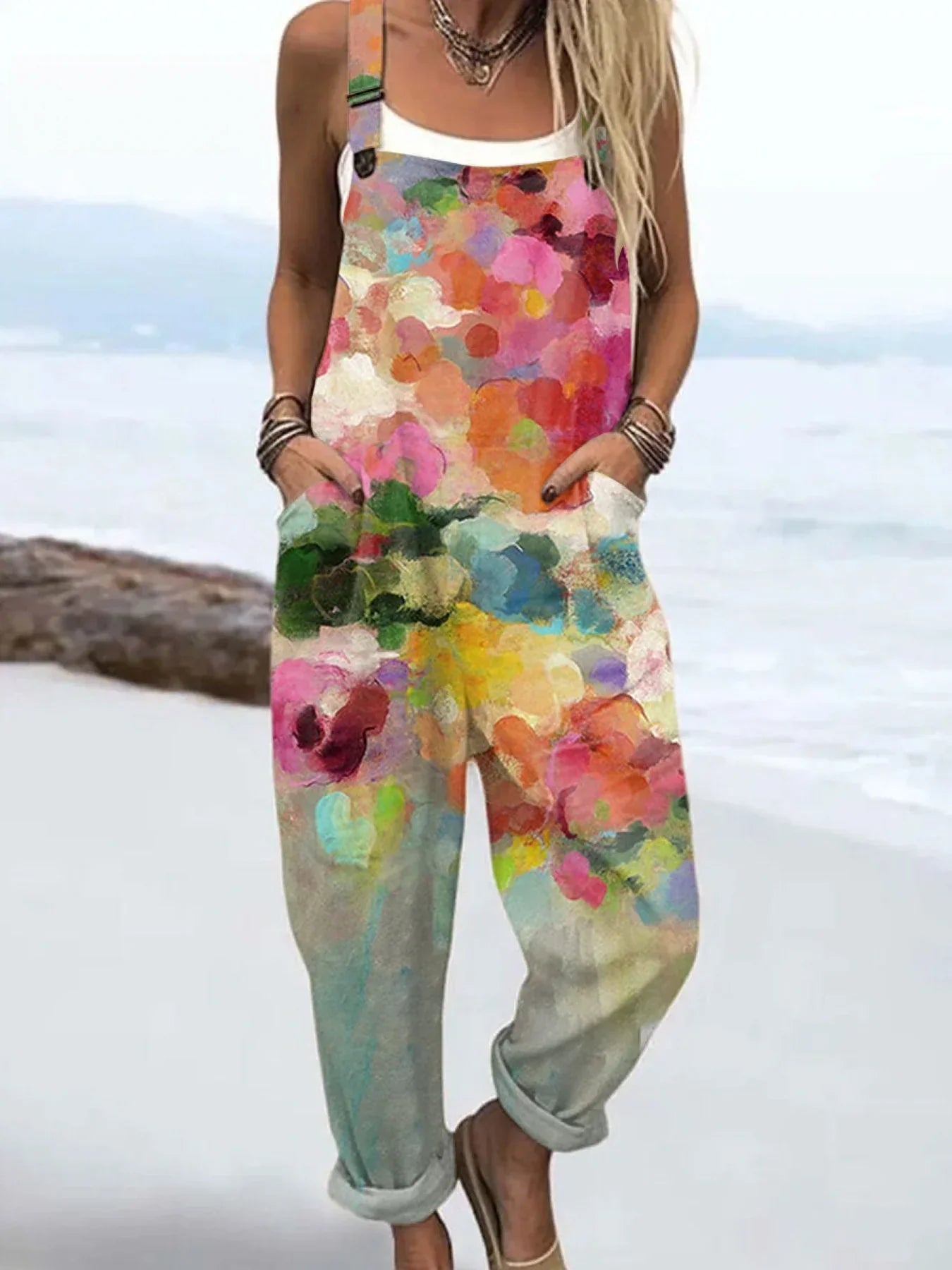 Women's Vintage Flowers Art Print Casual Cotton Linen Wide Leg Jumpsuit