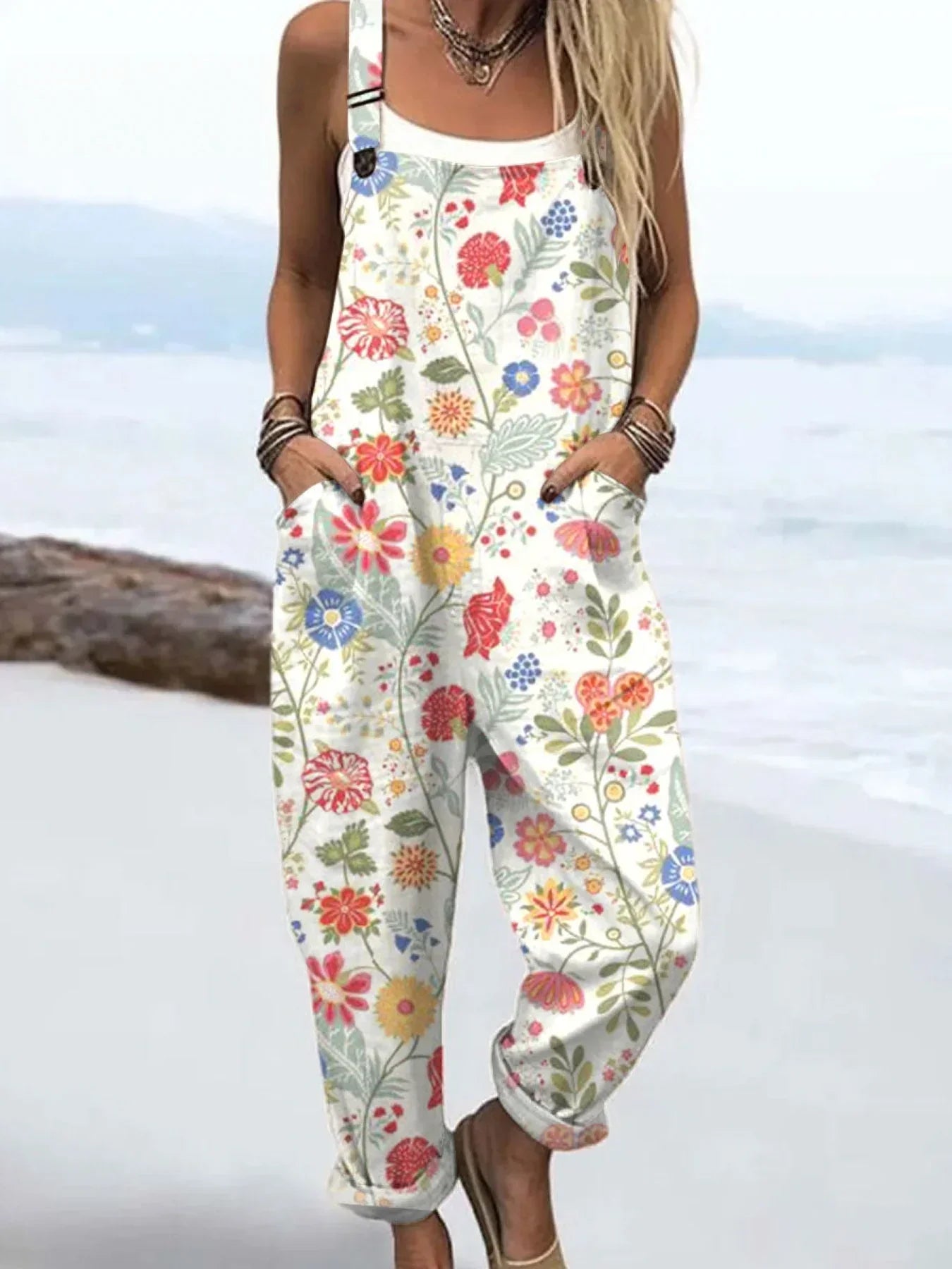 Women's Vintage Flowers Art Print Casual Cotton Linen Wide Leg Jumpsuit
