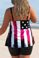 American Flag Print Double Straps Plus Size Tankini Set