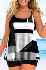 Geometric Print Plus Size Double Straps Black Tankini Set