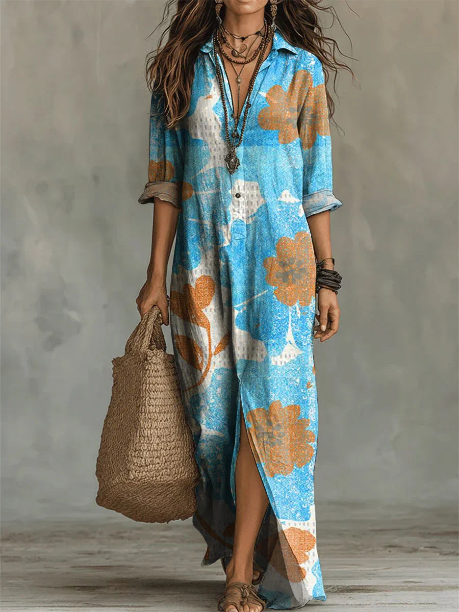 Women's Flower Print Casual Solid-color Linen-cotton Dress