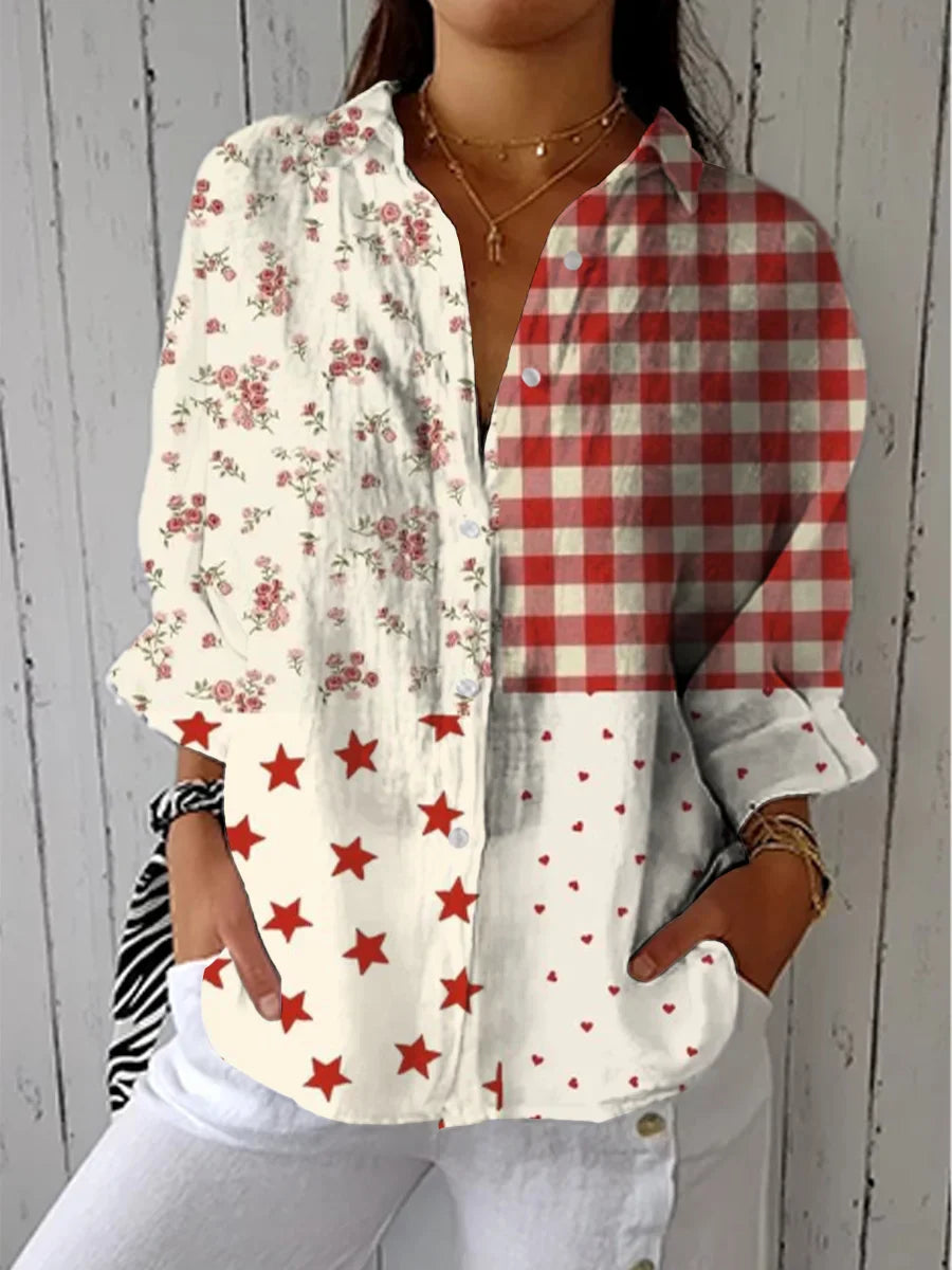 Women's Red Art Geometric Flower Quilt Print Casual Linen V-neck Shirt