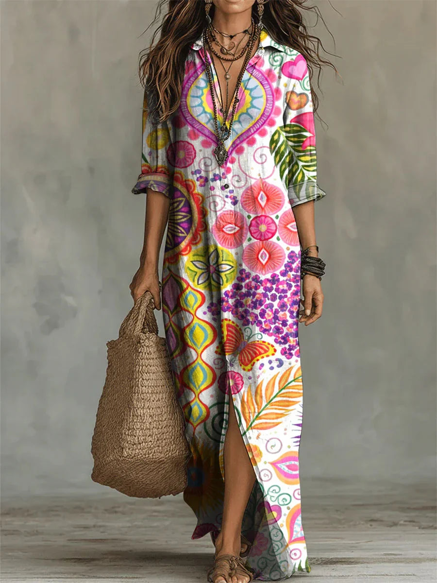 Women's Flower Print Casual Solid-color Linen-cotton Dress