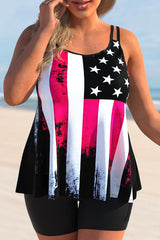 American Flag Print Double Straps Plus Size Tankini Set
