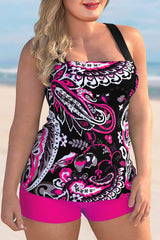 Peach Pink Paisley Print Plus Size Spaghetti Strap Tankini Set