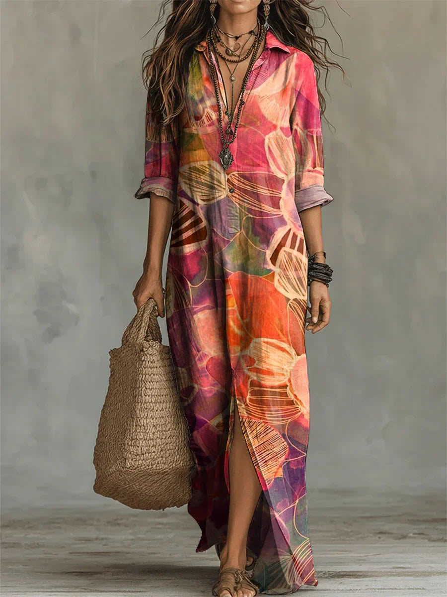 Women's Flower Print Casual Solid-color Linen-cotton Dress