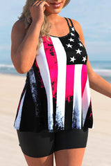 American Flag Print Double Straps Plus Size Tankini Set