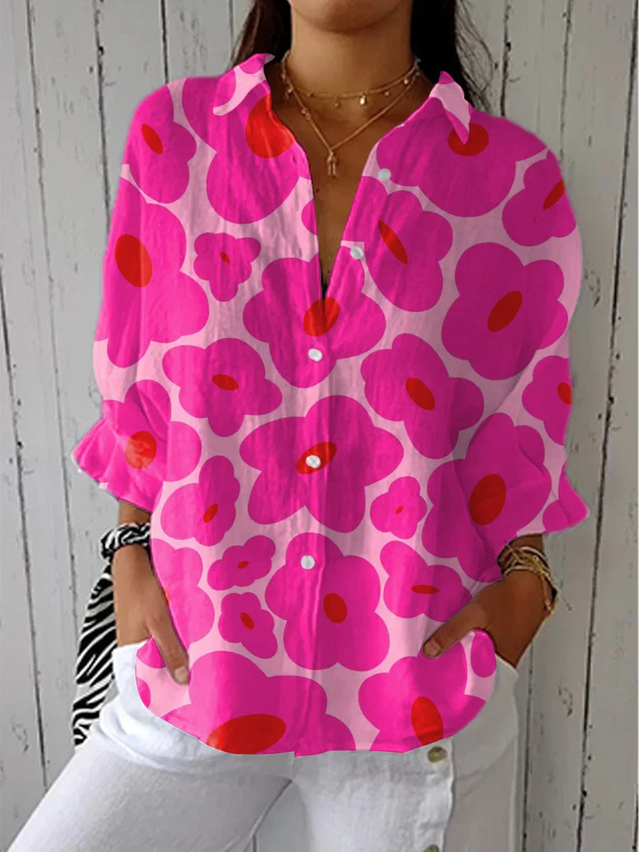 Women's Lovely Floral Art Print Casual Cotton Linen V-neck Shirt