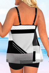 Geometric Print Plus Size Double Straps Black Tankini Set