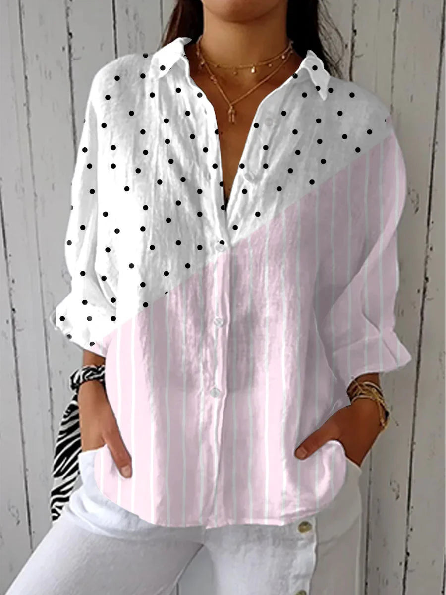 Women's Vintage Abstract Geometric Art Print Casual Linen V-neck Shirt