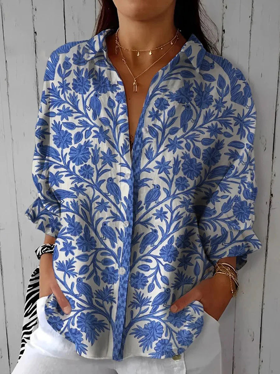 Women's Vintage Floral Art Print Casual Linen V-neck Shirt