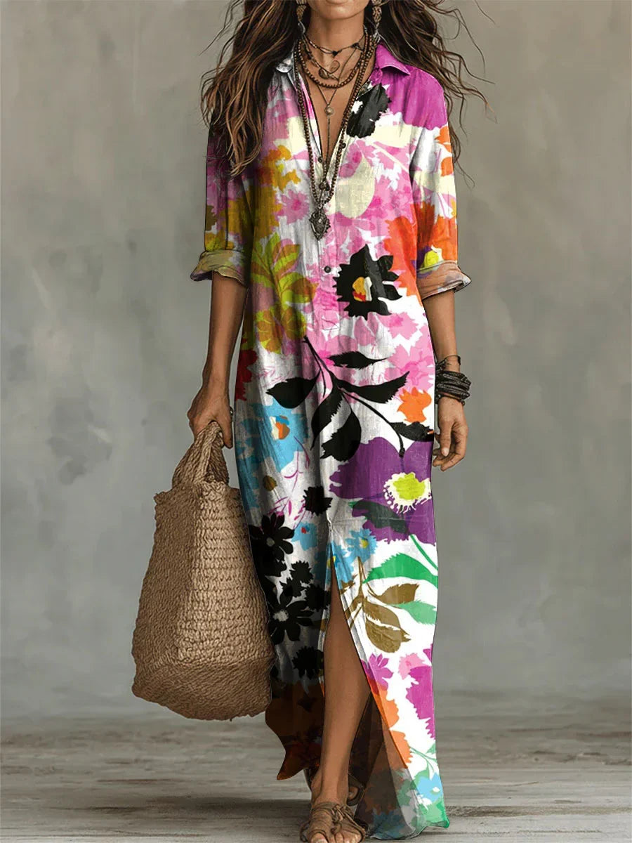 Women's Flower Print Casual Solid-color Linen-cotton Dress