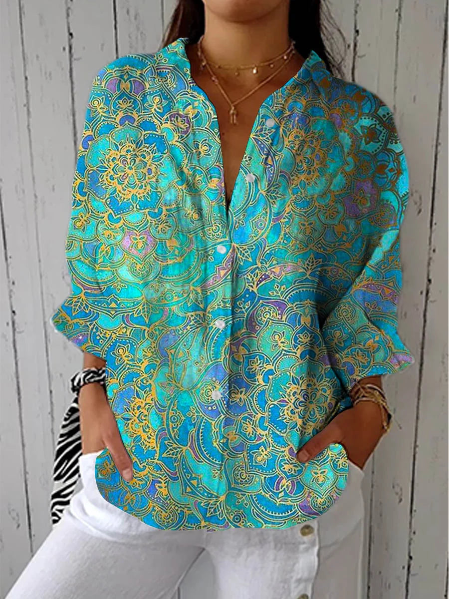 Women's Vintage Floral Pattern Art Print Casual Cotton Linen V-neck Shirt