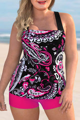 Peach Pink Paisley Print Plus Size Spaghetti Strap Tankini Set