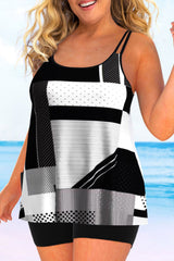 Geometric Print Plus Size Double Straps Black Tankini Set